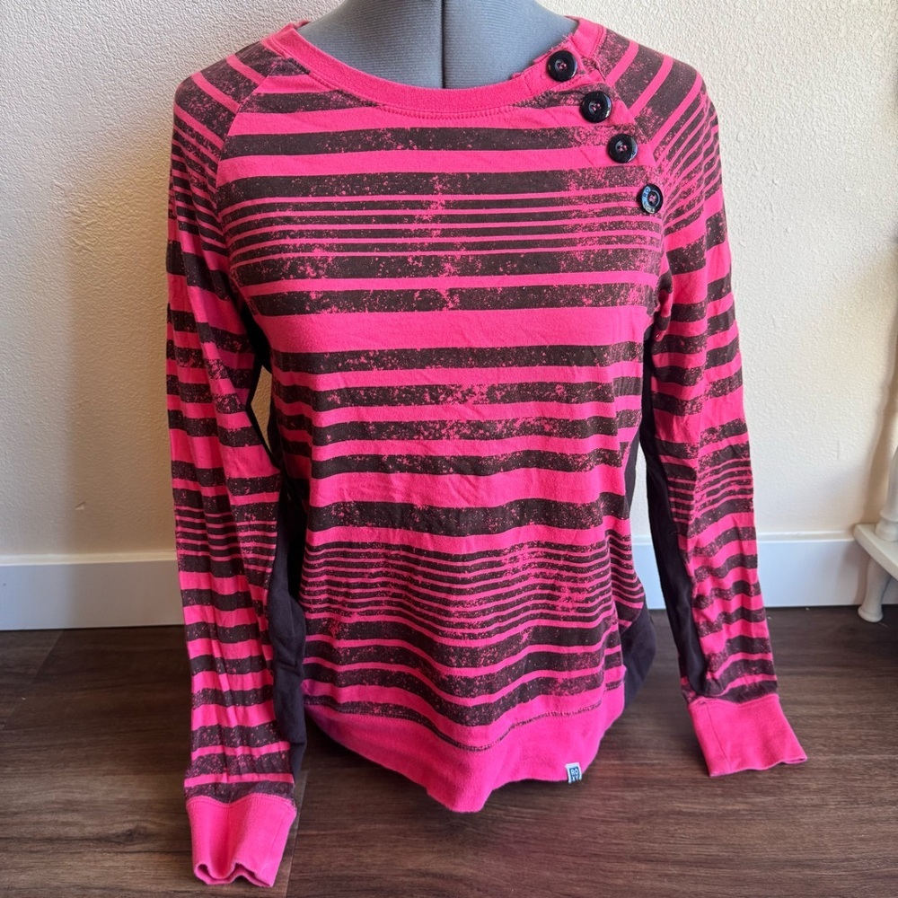 Roxy Pink Brown Striped Long Sleeve Y2K Skater Surf Girl Graphic Tee Casual Top - Picture 2 of 11